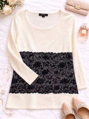 Tahari Cream & Black Lace Sweater (Size M)